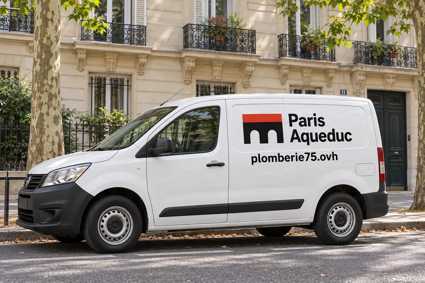 Fourgon blanc Paris Aqueduc, marqué plomberie75.ovh, garé devant un immeuble haussmannien du 11e arrondissement de Paris